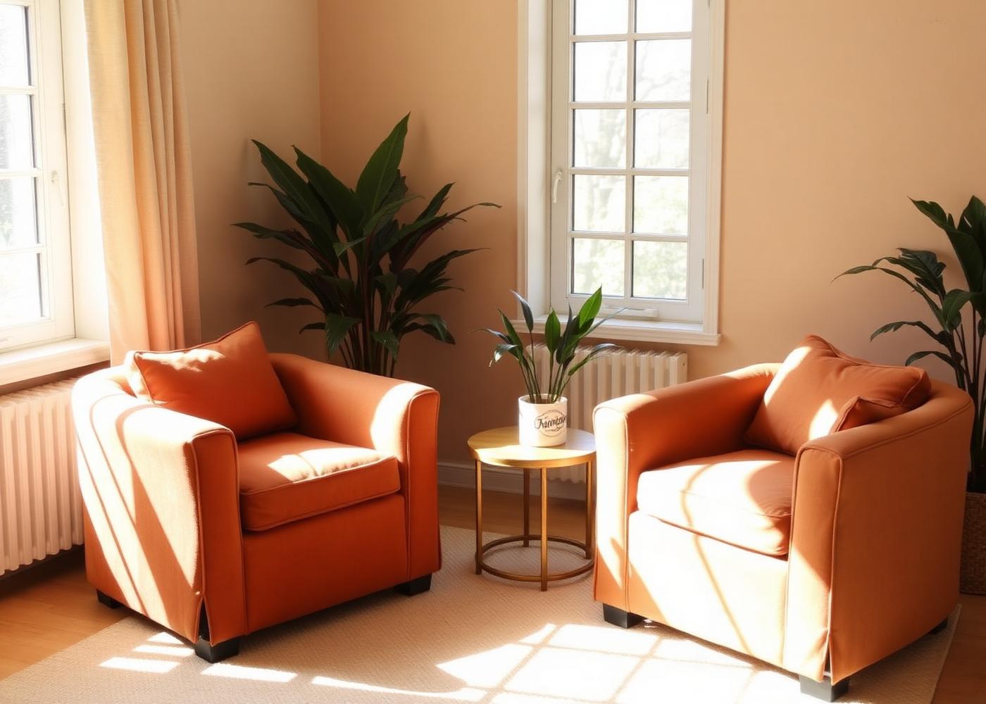 A warm, sunlit room with two armchairs facing each other